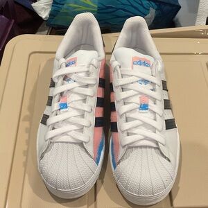 Adidas White Sneakers with Pink and Blue Highlights